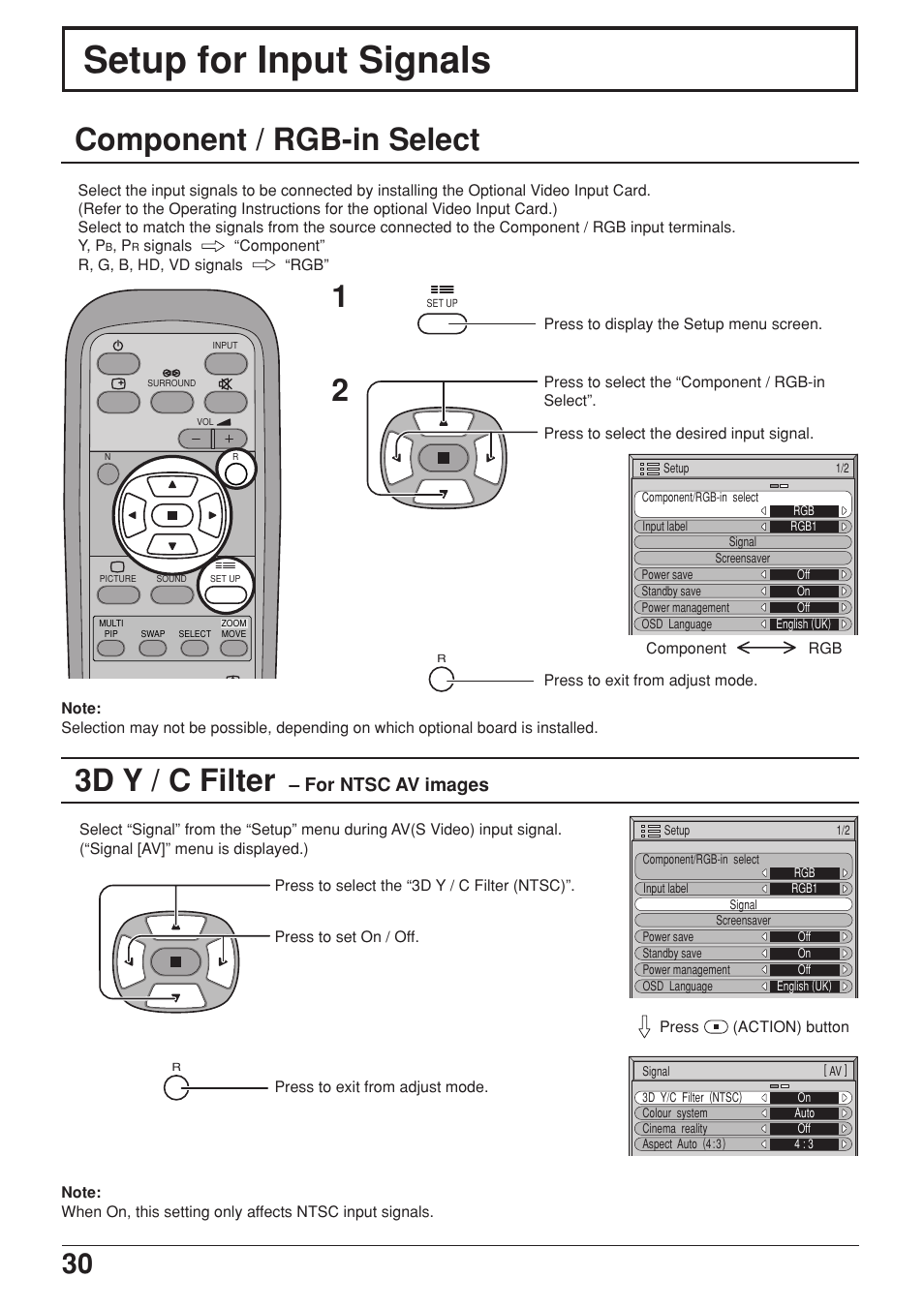 Setup for input signals, Component / rgb-in select, 3d y / c filter – for ntsc av images | 3d y / c filter, For ntsc av images | JVC GD-V422PCE User Manual | Page 30 / 36