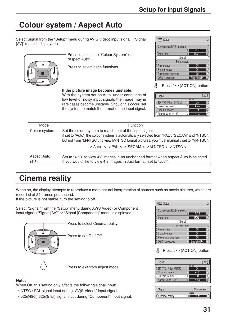 Colour system / aspect auto, Cinema reality, Setup for input signals | JVC GD-V422PCE User Manual | Page 31 / 36
