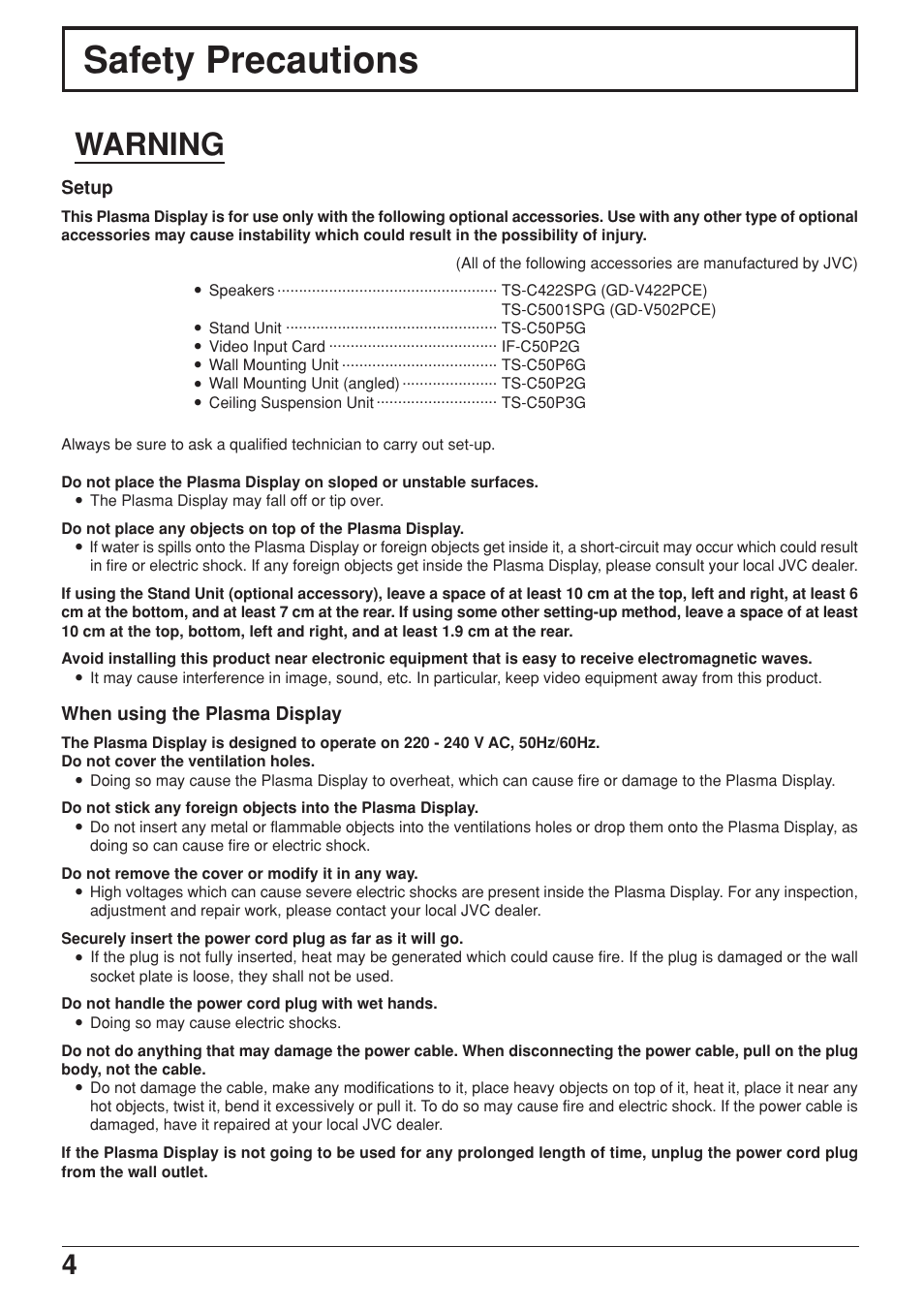 Safety precautions, Warning | JVC GD-V422PCE User Manual | Page 4 / 36