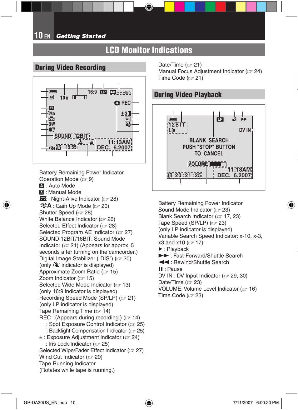 Lcd monitor indications, During video recording, During video playback | JVC GR-DA30U User Manual | Page 10 / 39