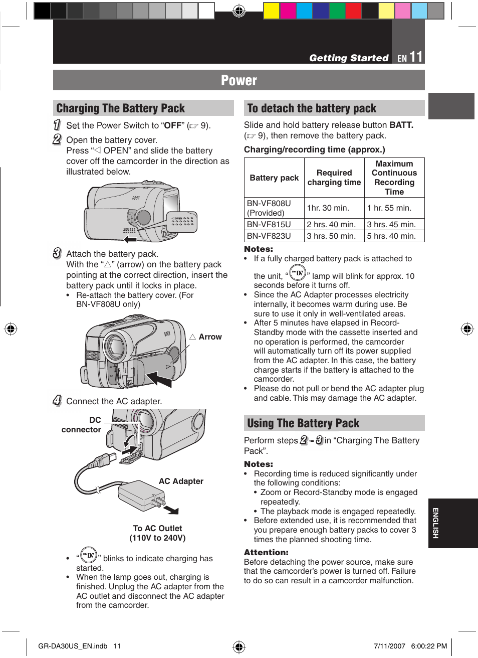 Power, Charging the battery pack 1, Using the battery pack | JVC GR-DA30U User Manual | Page 11 / 39