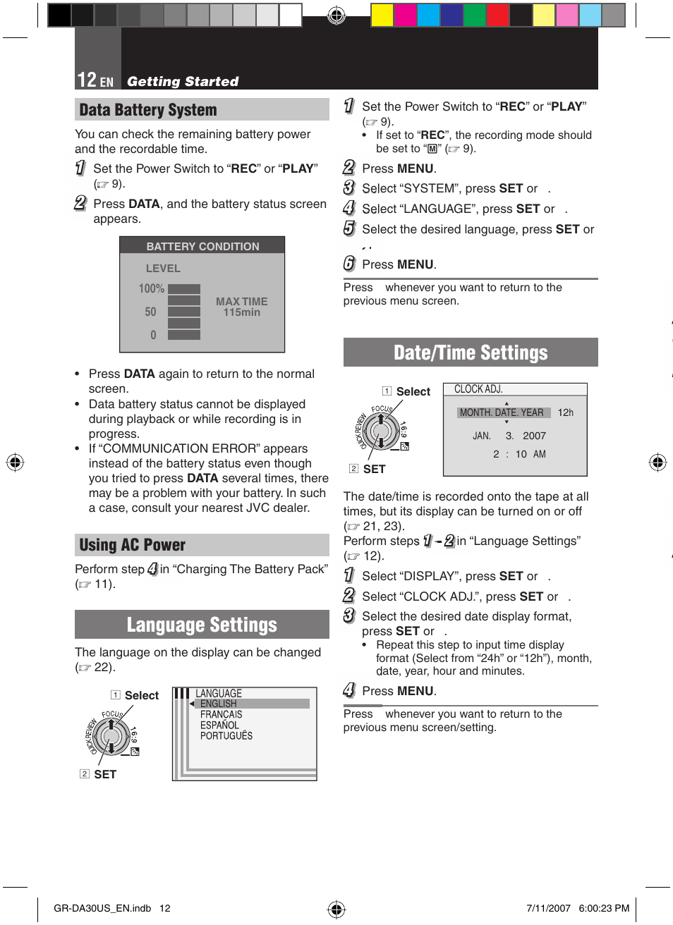 Language settings, Date/time settings, Data battery system | Using ac power | JVC GR-DA30U User Manual | Page 12 / 39