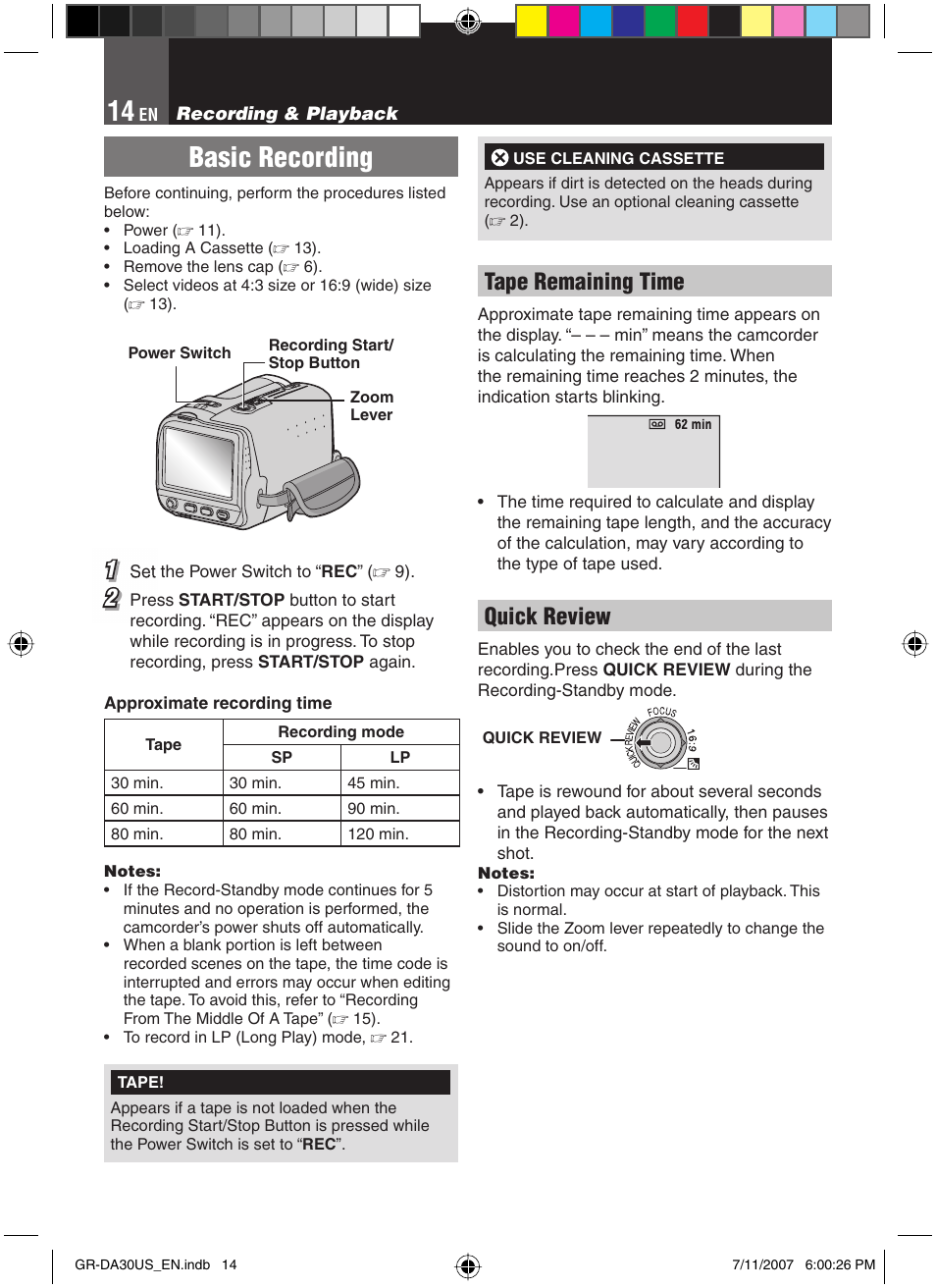 Recording & playback, Basic recording, Tape remaining time | Quick review | JVC GR-DA30U User Manual | Page 14 / 39