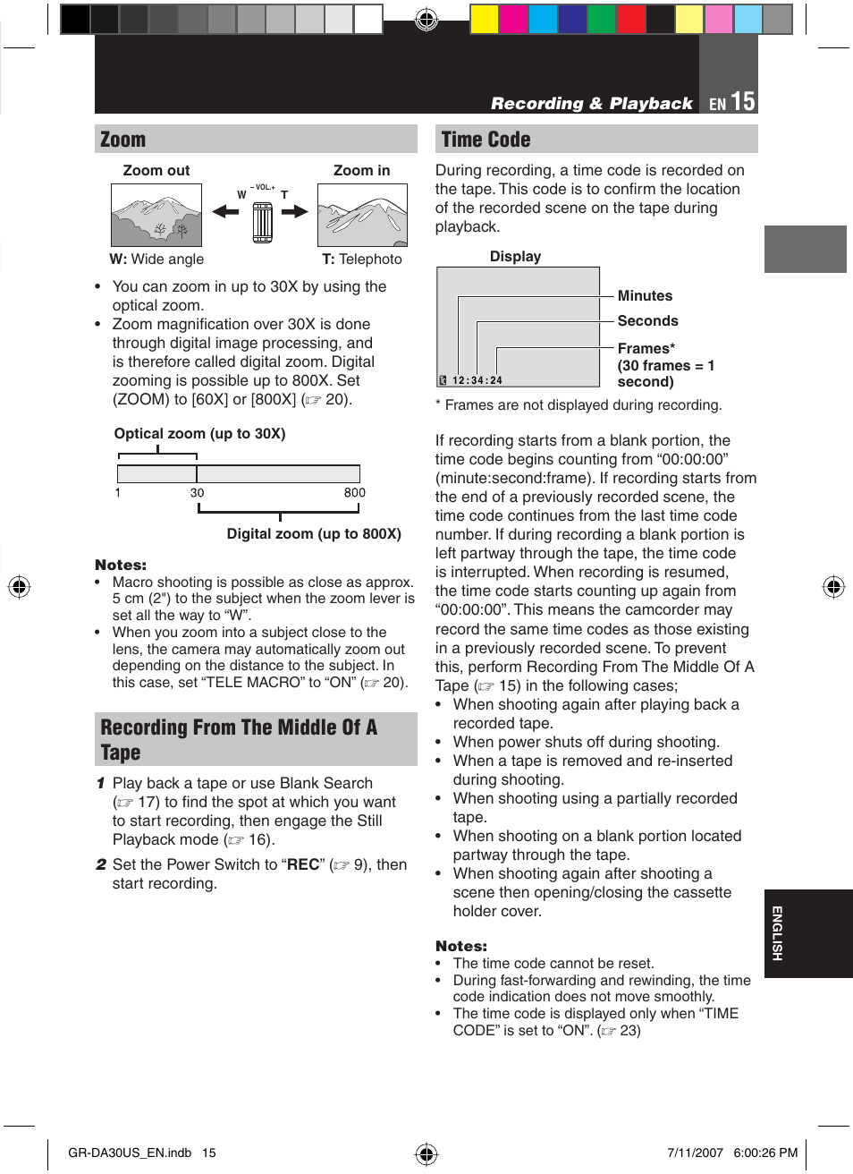 Zoom, Recording from the middle of a tape, Time code | JVC GR-DA30U User Manual | Page 15 / 39