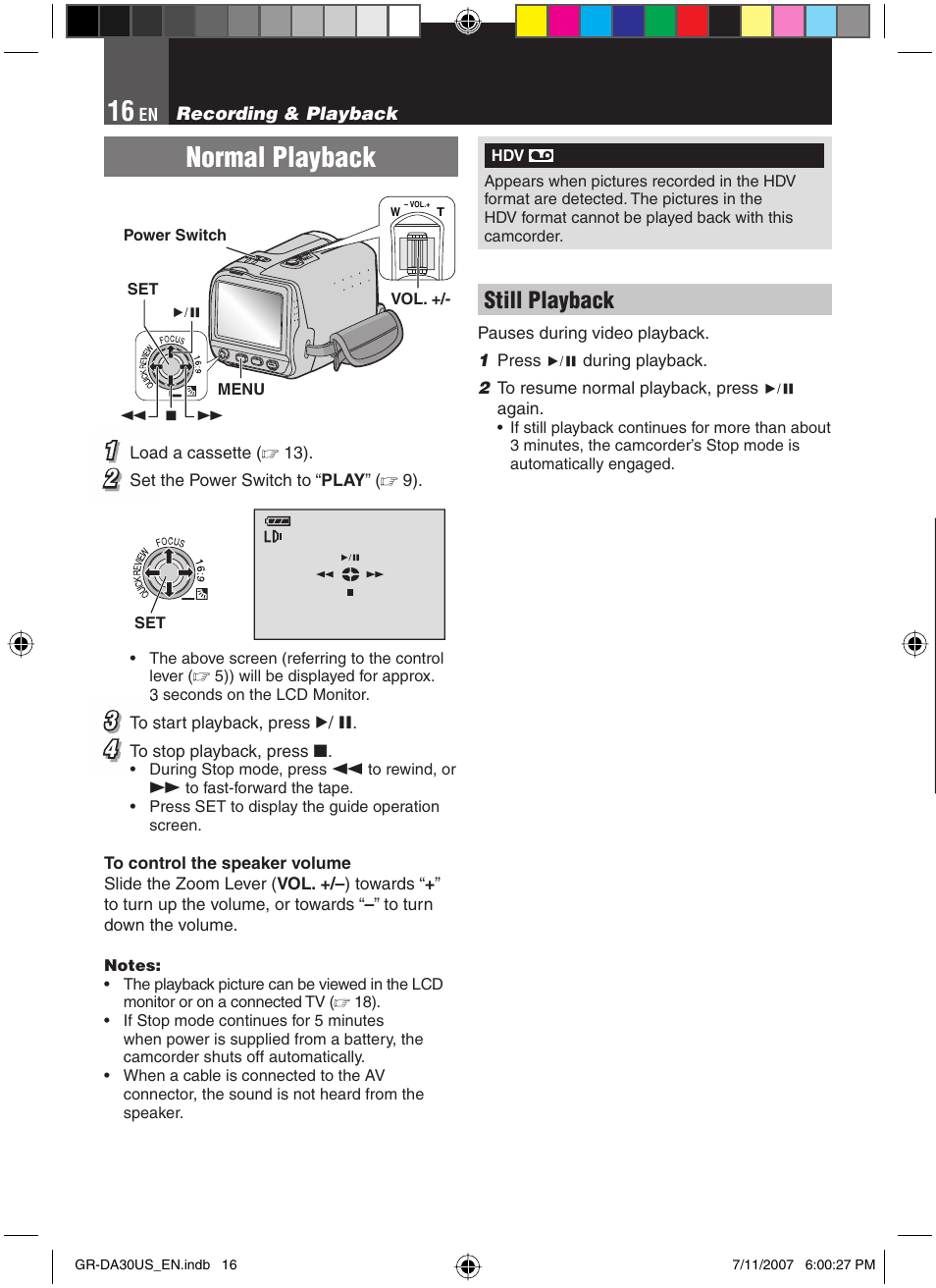 Normal playback, Still playback | JVC GR-DA30U User Manual | Page 16 / 39