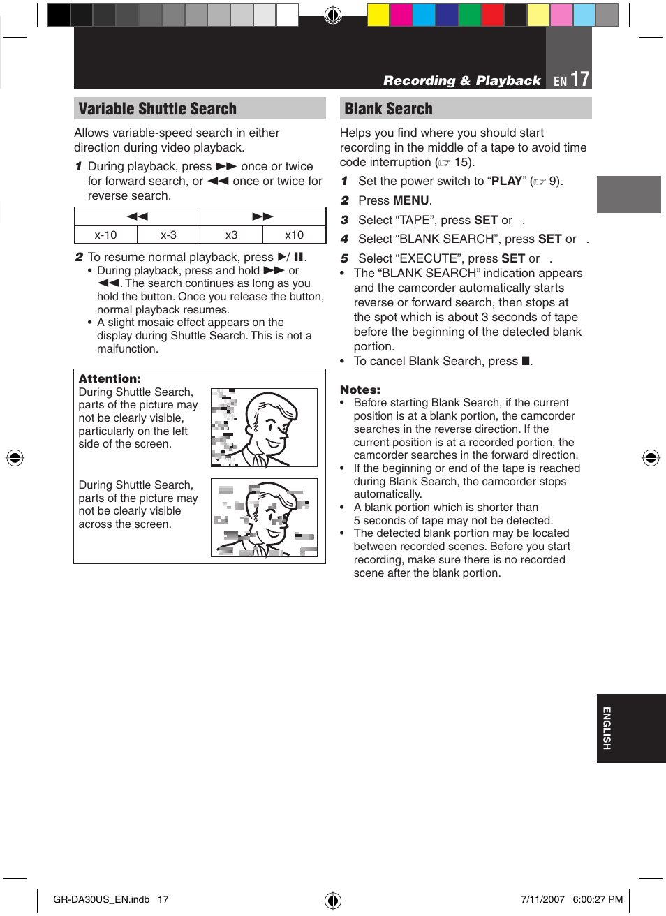 Blank search, Variable shuttle search | JVC GR-DA30U User Manual | Page 17 / 39