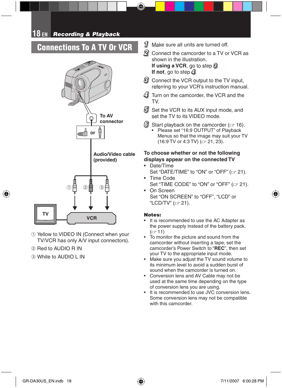 Connections to a tv or vcr | JVC GR-DA30U User Manual | Page 18 / 39