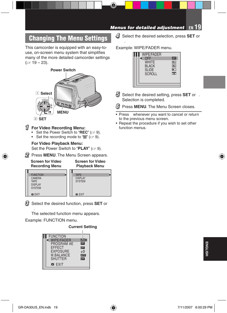 Advanced features, Changing the menu settings | JVC GR-DA30U User Manual | Page 19 / 39