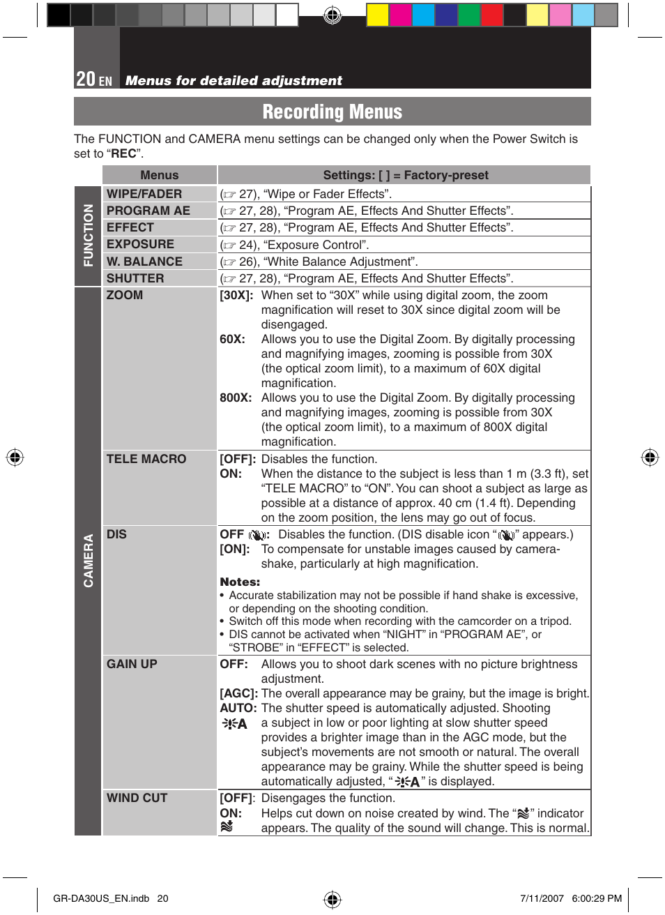 Recording menus | JVC GR-DA30U User Manual | Page 20 / 39