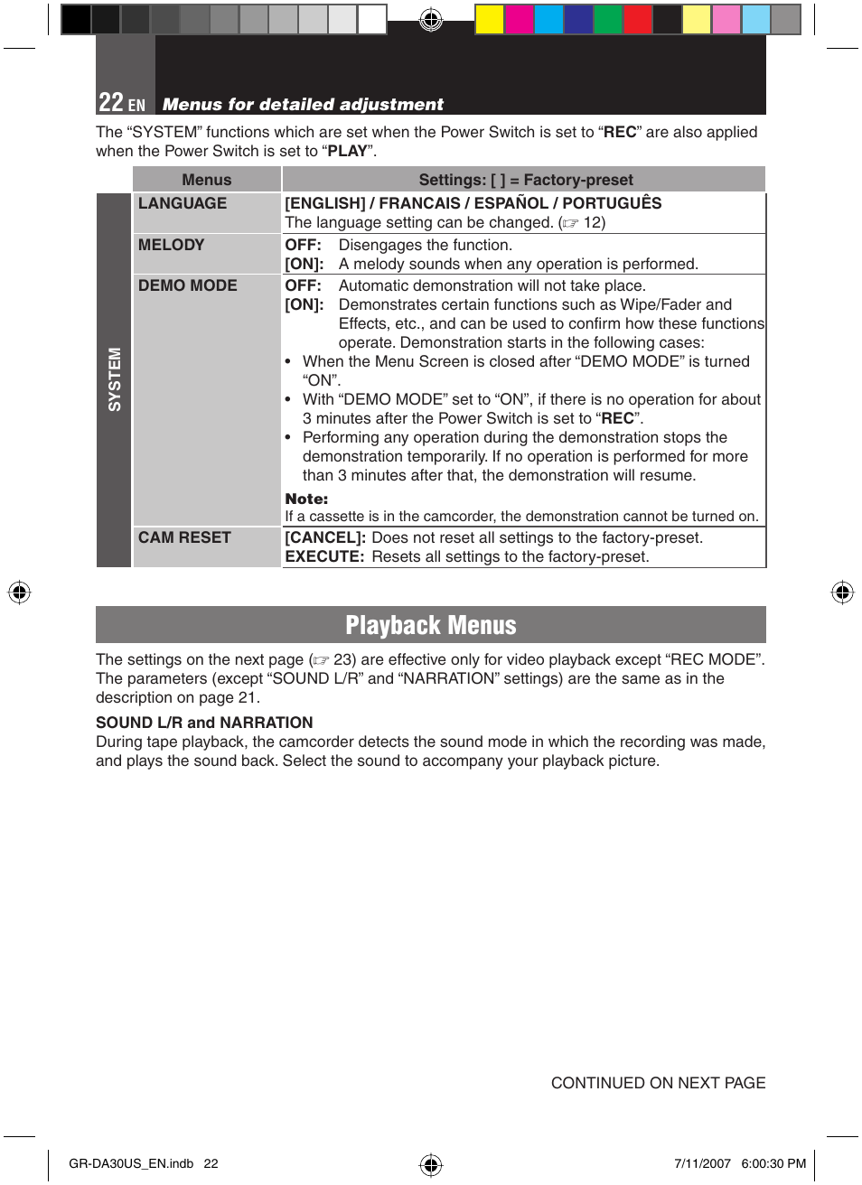 Playback menus | JVC GR-DA30U User Manual | Page 22 / 39