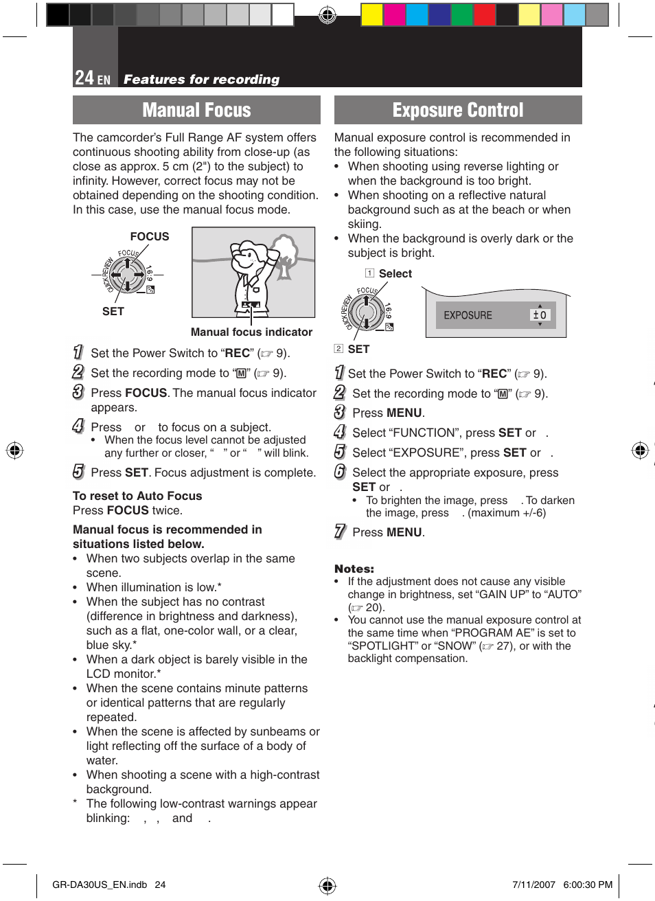 Manual focus, Exposure control | JVC GR-DA30U User Manual | Page 24 / 39