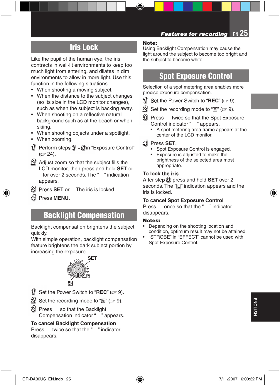 Spot exposure control, Iris lock, Backlight compensation | JVC GR-DA30U User Manual | Page 25 / 39