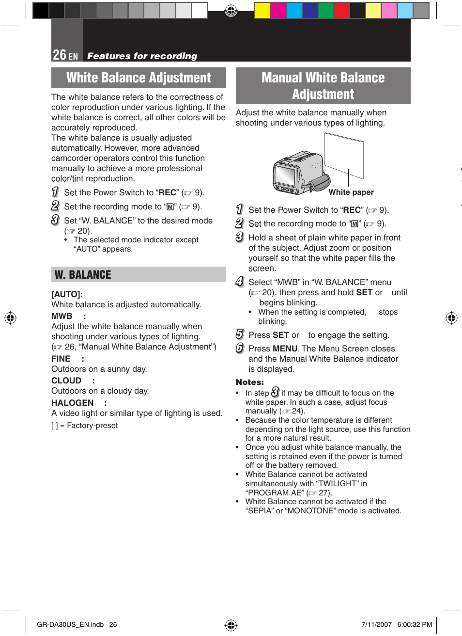 Manual white balance adjustment, White balance adjustment, W. balance | JVC GR-DA30U User Manual | Page 26 / 39