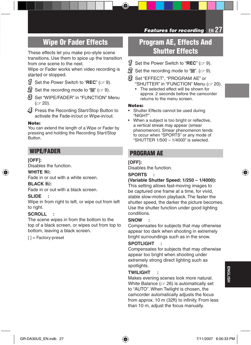 Wipe or fader effects, Program ae, effects and shutter effects, Wipe/fader | Program ae | JVC GR-DA30U User Manual | Page 27 / 39