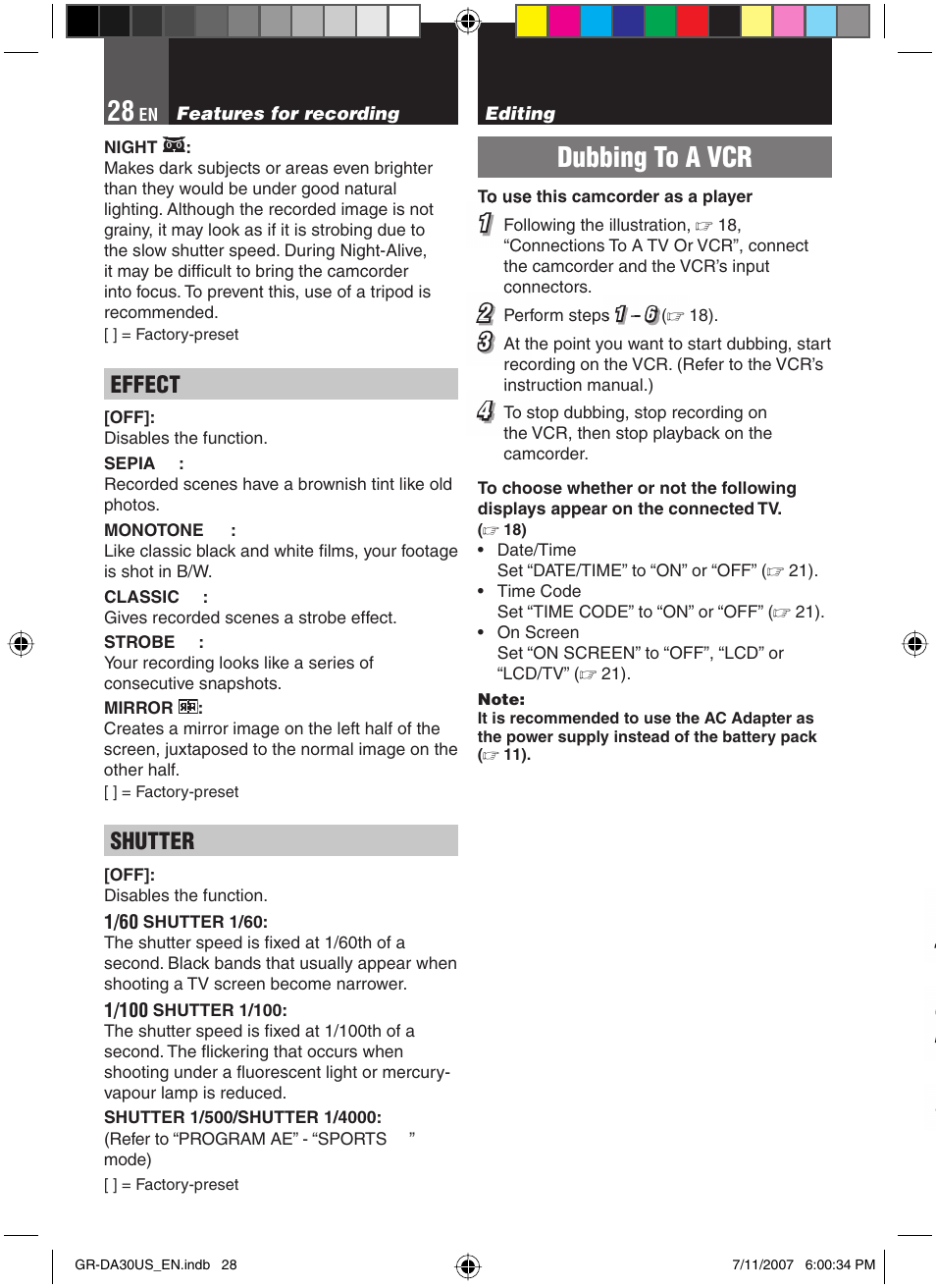 Dubbing to a vcr, Effect, Shutter | JVC GR-DA30U User Manual | Page 28 / 39