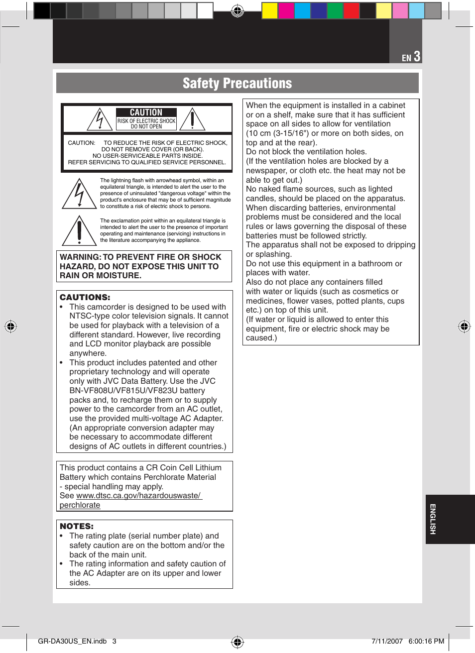Safety precautions | JVC GR-DA30U User Manual | Page 3 / 39