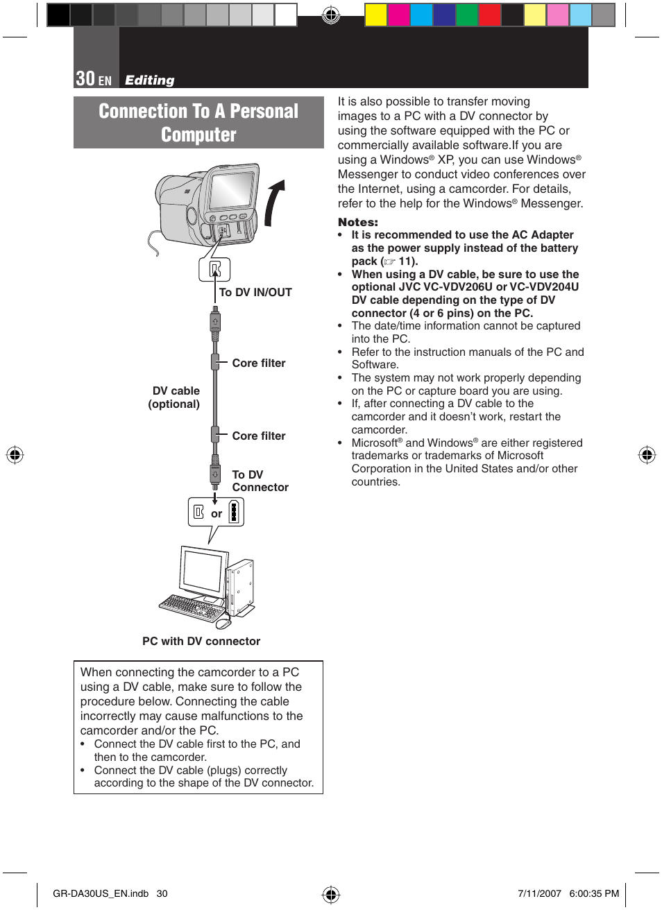 Connection to a personal computer | JVC GR-DA30U User Manual | Page 30 / 39