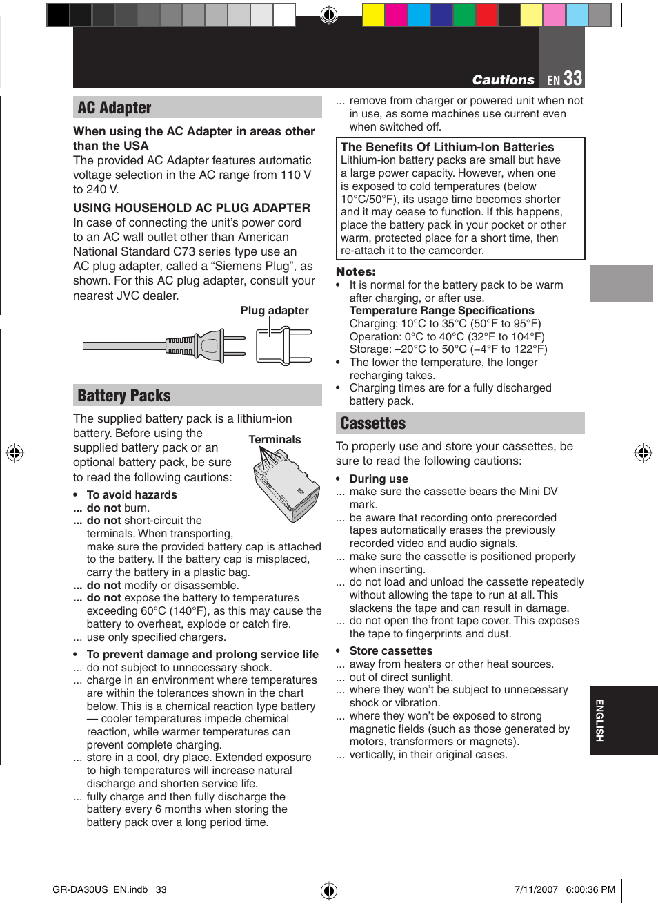 Ac adapter, Battery packs, Cassettes | JVC GR-DA30U User Manual | Page 33 / 39