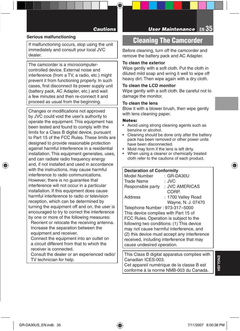 Cleaning the camcorder | JVC GR-DA30U User Manual | Page 35 / 39