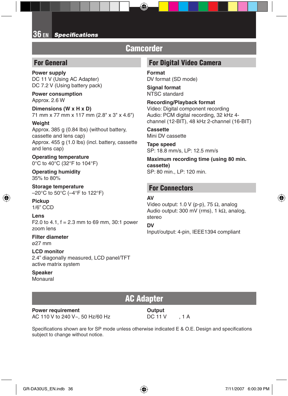 Specifi cations, Camcorder, Ac adapter | For general, For digital video camera, For connectors | JVC GR-DA30U User Manual | Page 36 / 39