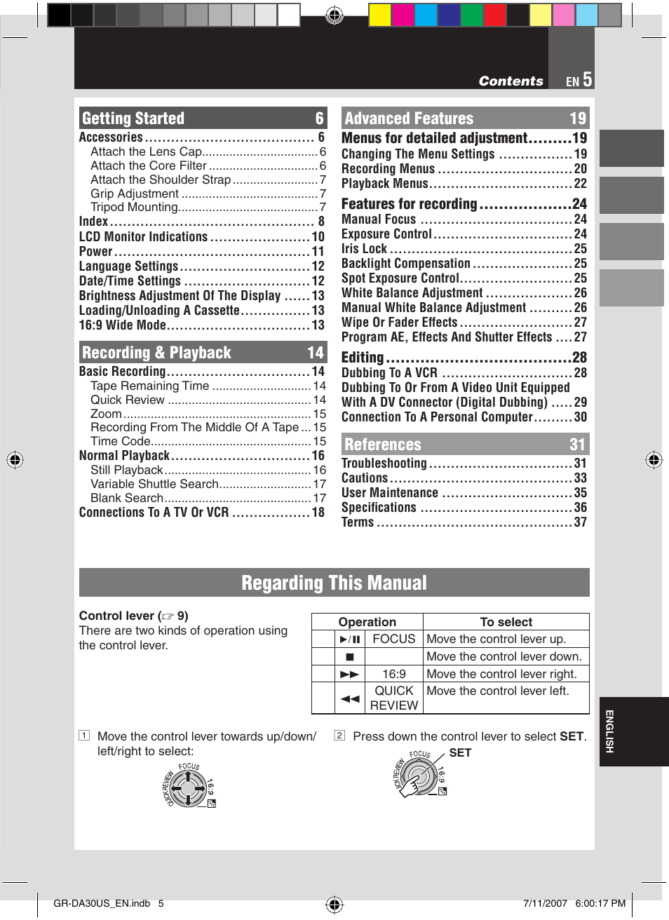 Regarding this manual, Getting started 6, Recording & playback 14 | Advanced features 19, References 31 | JVC GR-DA30U User Manual | Page 5 / 39