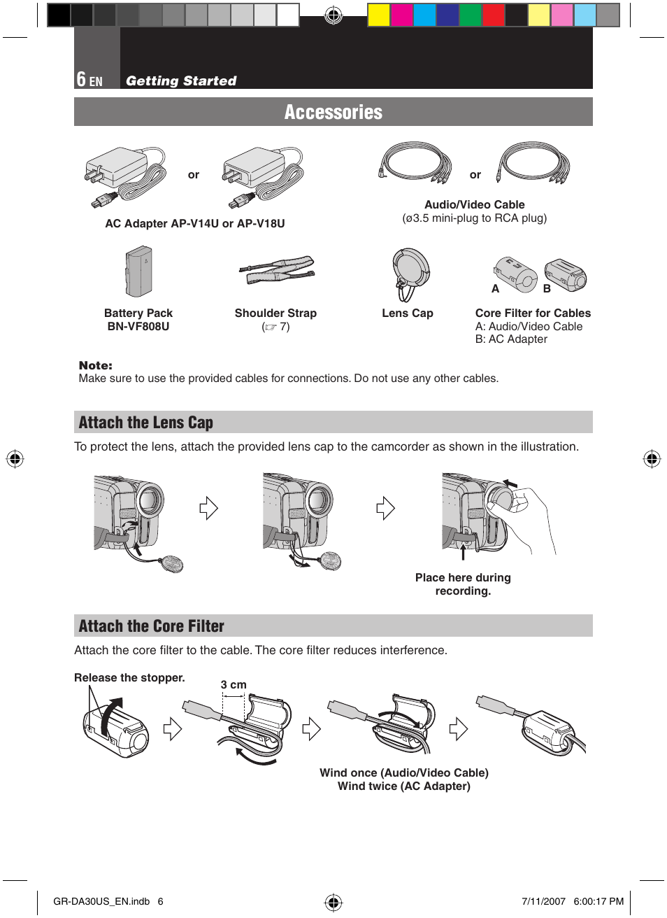 Getting started, Accessories, Attach the lens cap | Attach the core filter | JVC GR-DA30U User Manual | Page 6 / 39