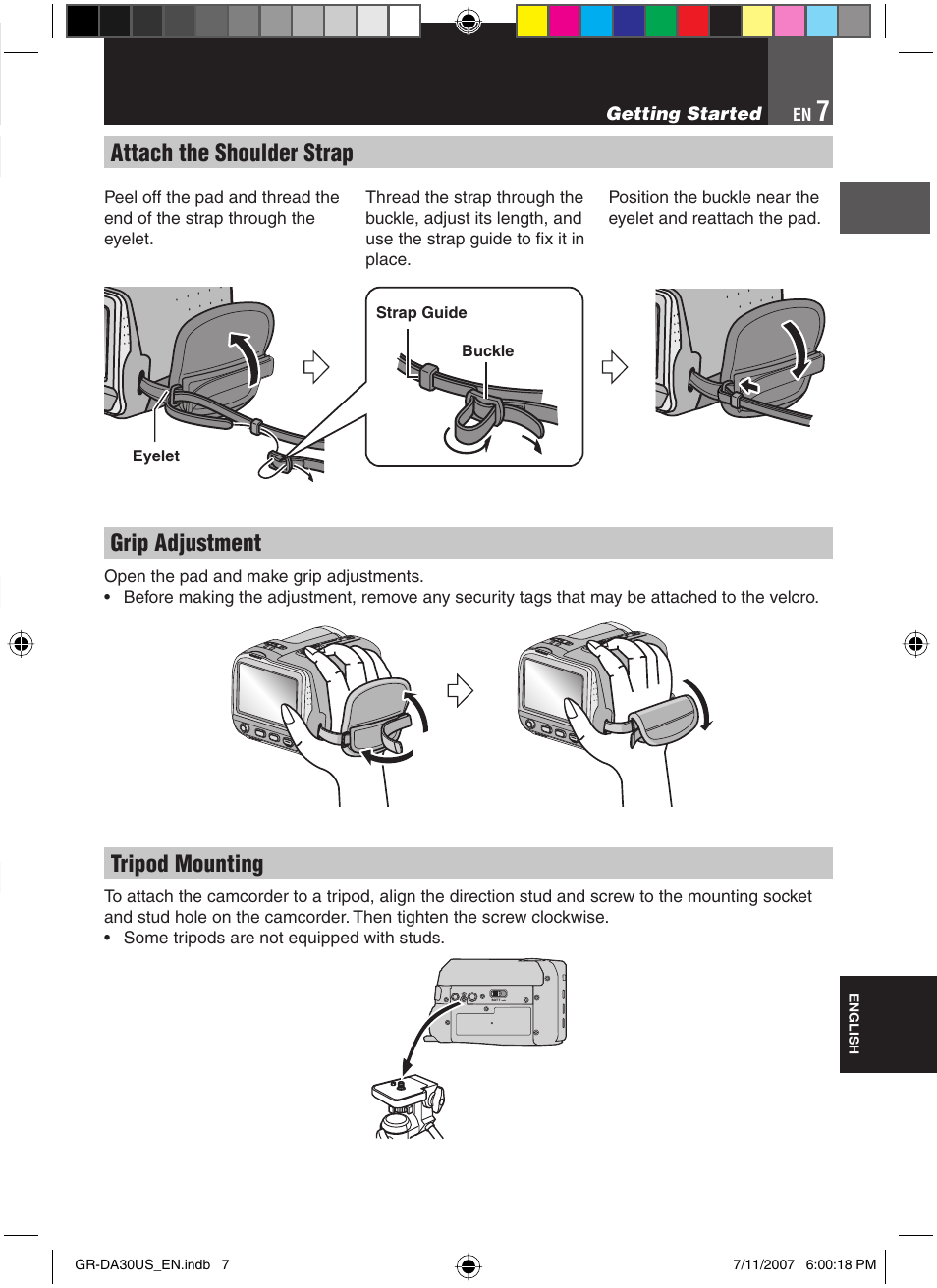 Attach the shoulder strap, Tripod mounting, Grip adjustment | JVC GR-DA30U User Manual | Page 7 / 39