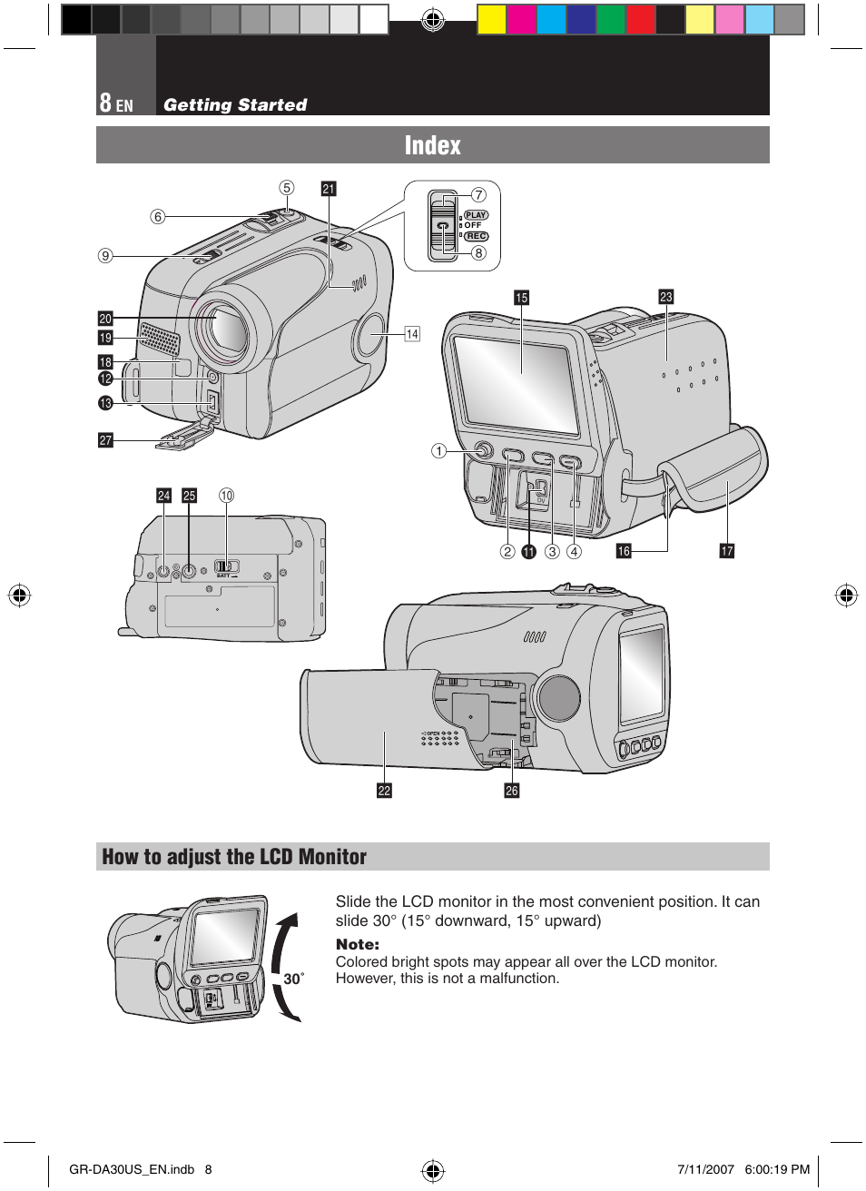 Index, How to adjust the lcd monitor | JVC GR-DA30U User Manual | Page 8 / 39