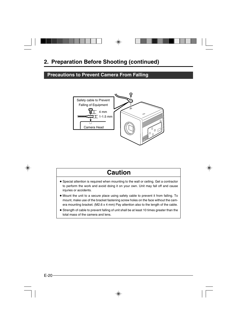 Caution, Preparation before shooting (continued), Precautions to prevent camera from falling | JVC KY-F550 User Manual | Page 20 / 52