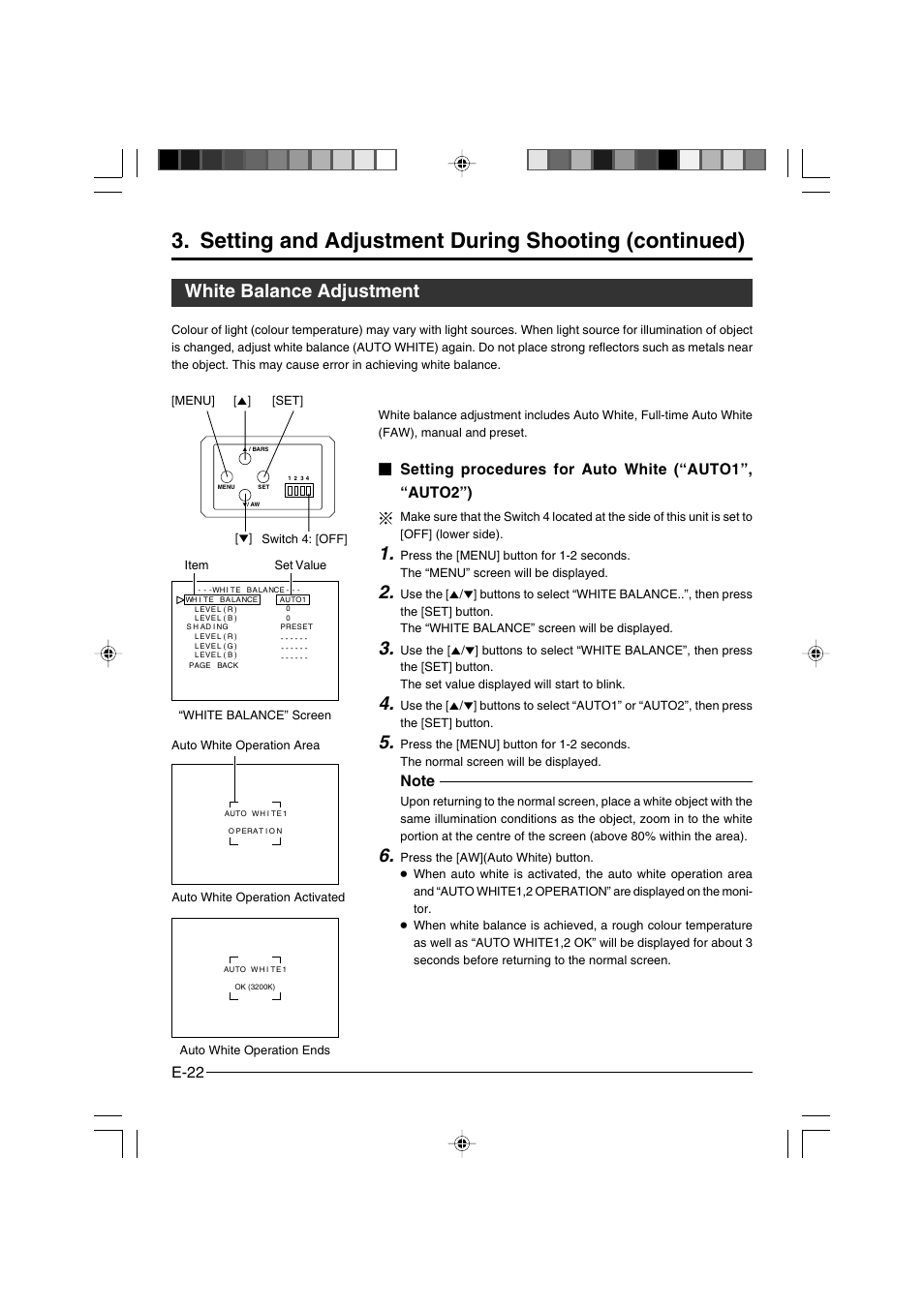 Setting and adjustment during shooting (continued), White balance adjustment, E-22 | JVC KY-F550 User Manual | Page 22 / 52
