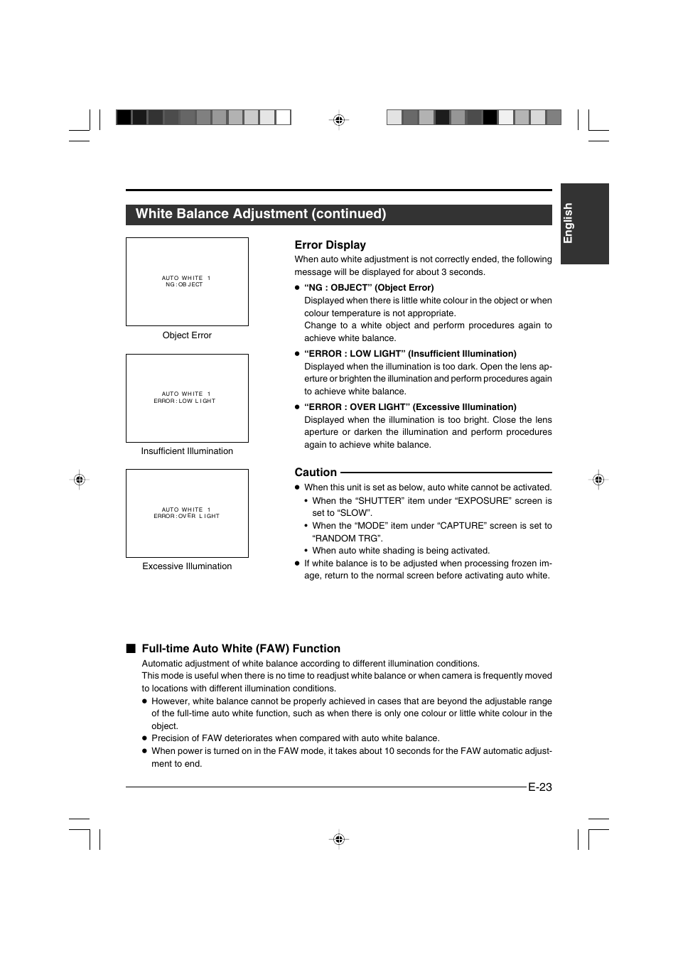 White balance adjustment (continued), E-23 english, Error display | Caution, Full-time auto white (faw) function | JVC KY-F550 User Manual | Page 23 / 52