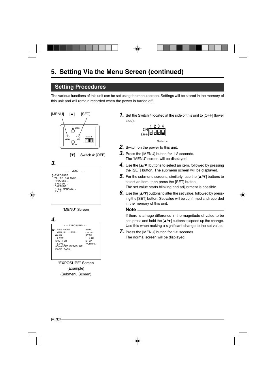 Setting via the menu screen (continued), Setting procedures, E-32 | On off 1 2 3 4 | JVC KY-F550 User Manual | Page 32 / 52