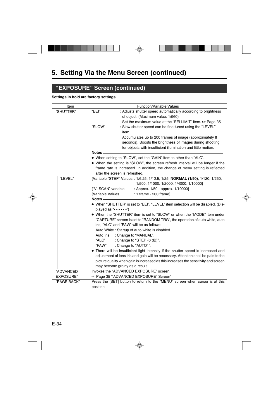 Setting via the menu screen (continued), Exposure” screen (continued) | JVC KY-F550 User Manual | Page 34 / 52