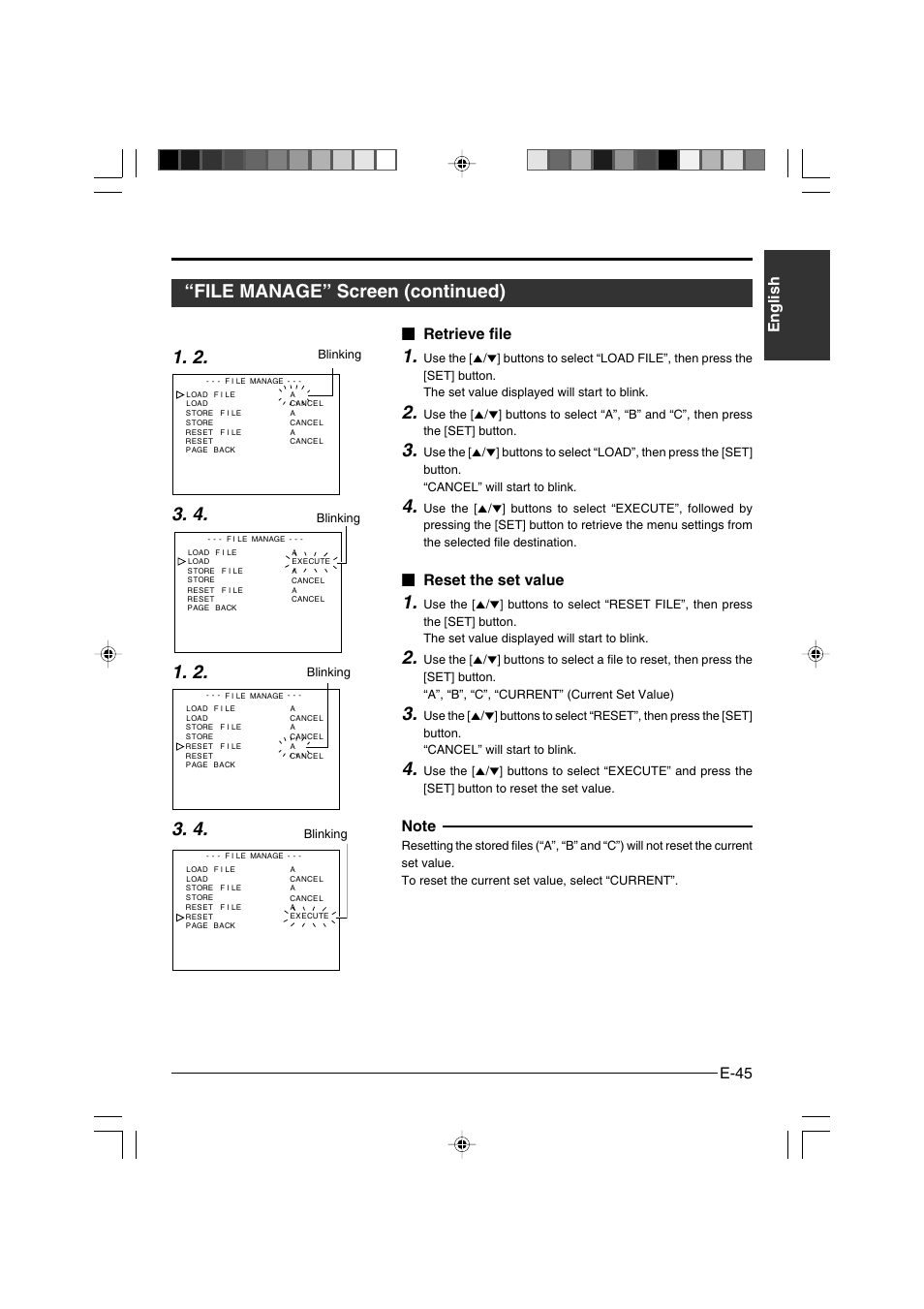 E-45 english, Retrieve file, Reset the set value | JVC KY-F550 User Manual | Page 45 / 52