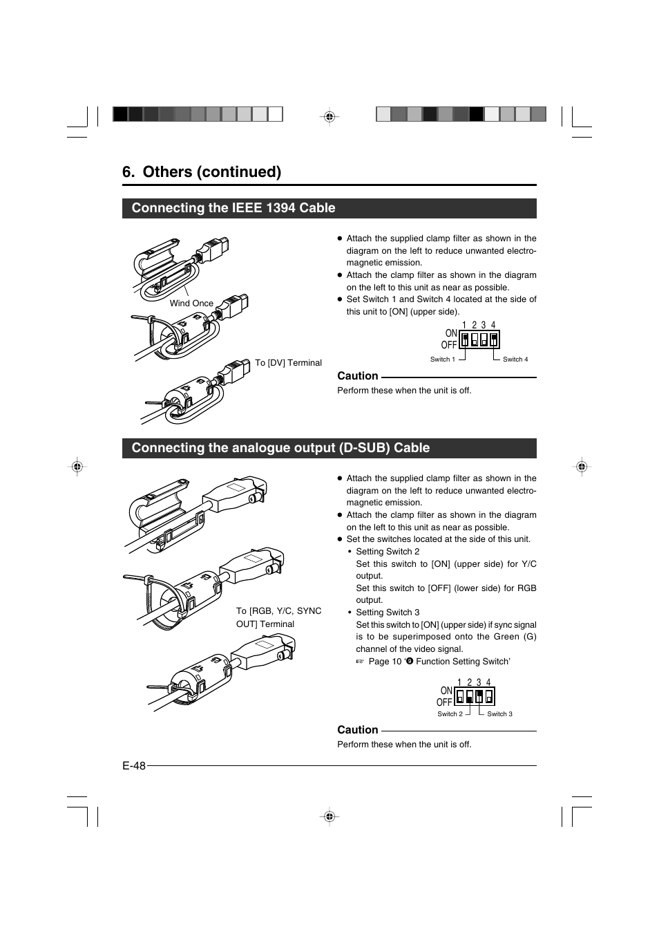 Others (continued), Connecting the ieee 1394 cable, Connecting the analogue output (d-sub) cable | JVC KY-F550 User Manual | Page 48 / 52