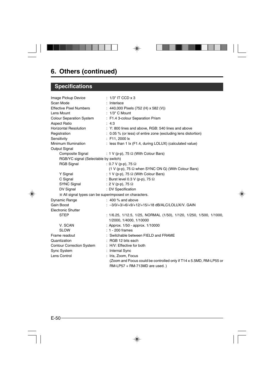 Others (continued), Specifications, E-50 | JVC KY-F550 User Manual | Page 50 / 52