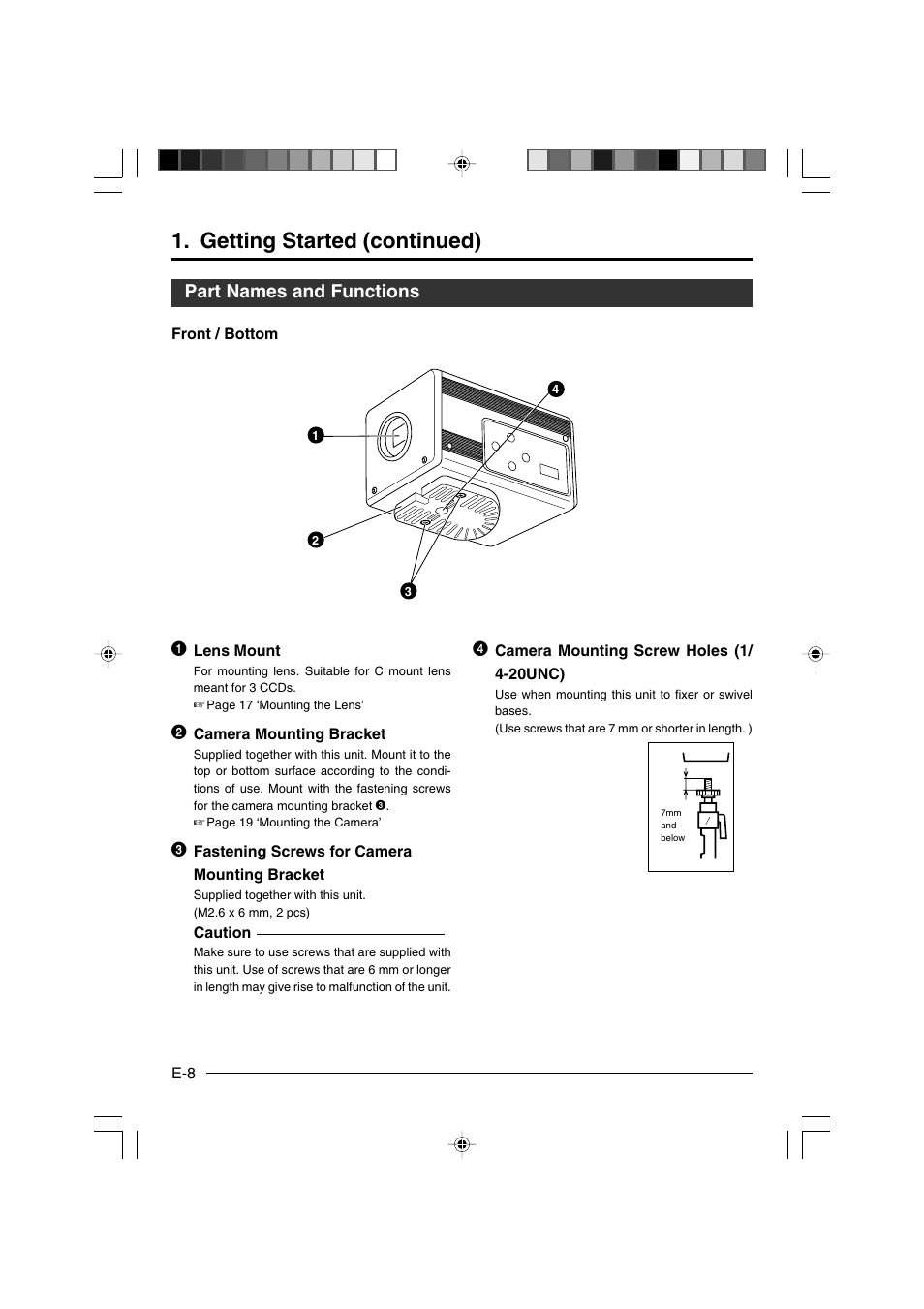 Getting started (continued), Part names and functions | JVC KY-F550 User Manual | Page 8 / 52