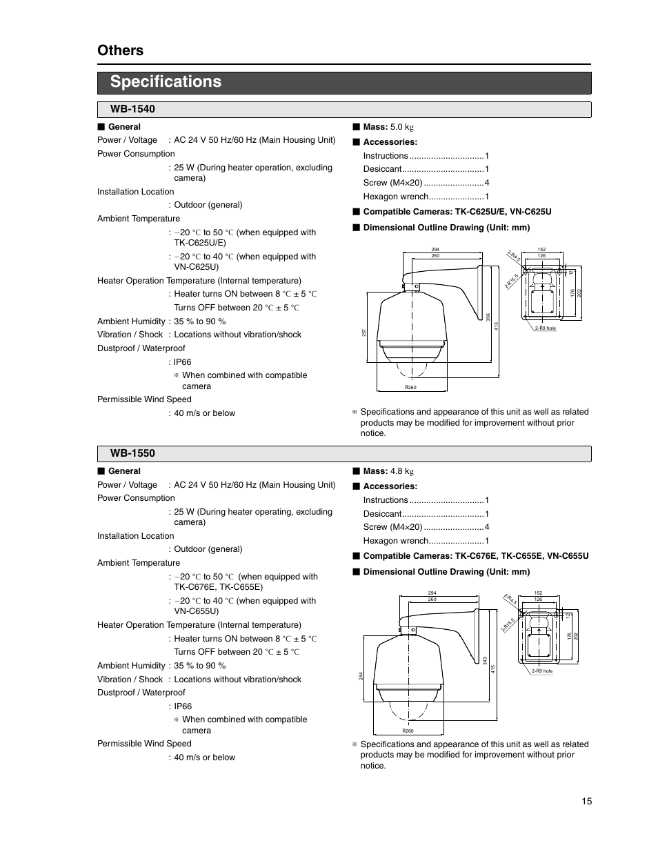 Specifications, Others, Wb-1540 | Wb-1550 | JVC WB-1540 User Manual | Page 15 / 16