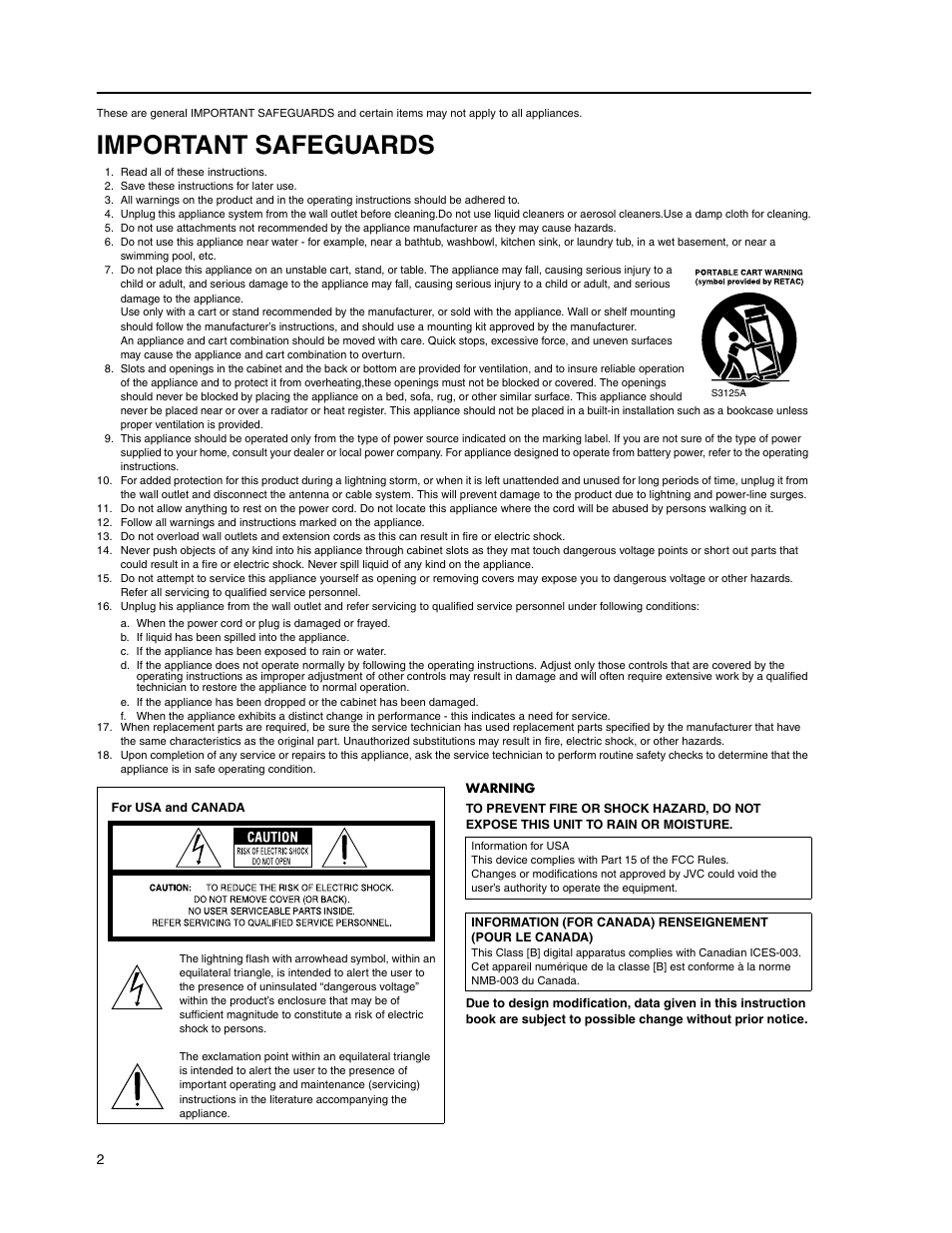 Important safeguards | JVC WB-1540 User Manual | Page 2 / 16