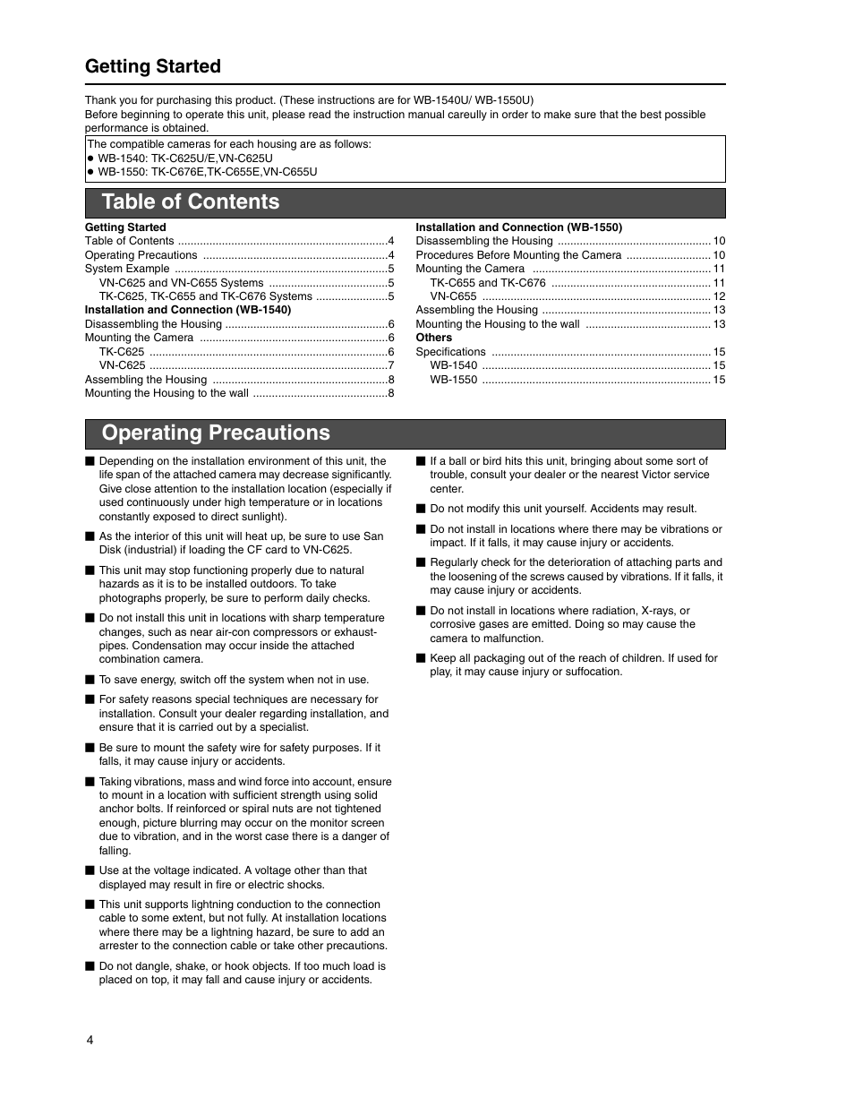 Table of contents operating precautions, Getting started | JVC WB-1540 User Manual | Page 4 / 16