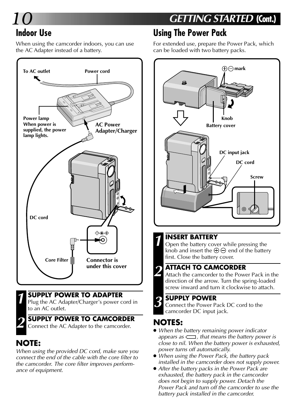Getting started, Cont.), Indoor use | Using the power pack | JVC 0997TOV*UN*SN User Manual | Page 10 / 84
