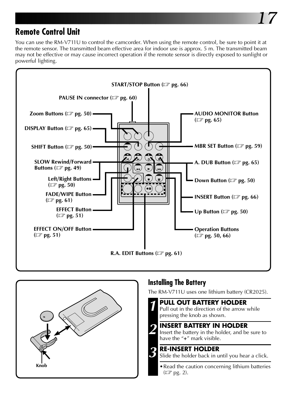 Remote control unit, Installing the battery | JVC 0997TOV*UN*SN User Manual | Page 17 / 84