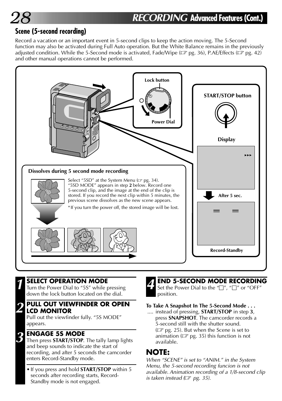 Recording, Advanced features (cont.), Scene (5-second recording) | JVC 0997TOV*UN*SN User Manual | Page 28 / 84