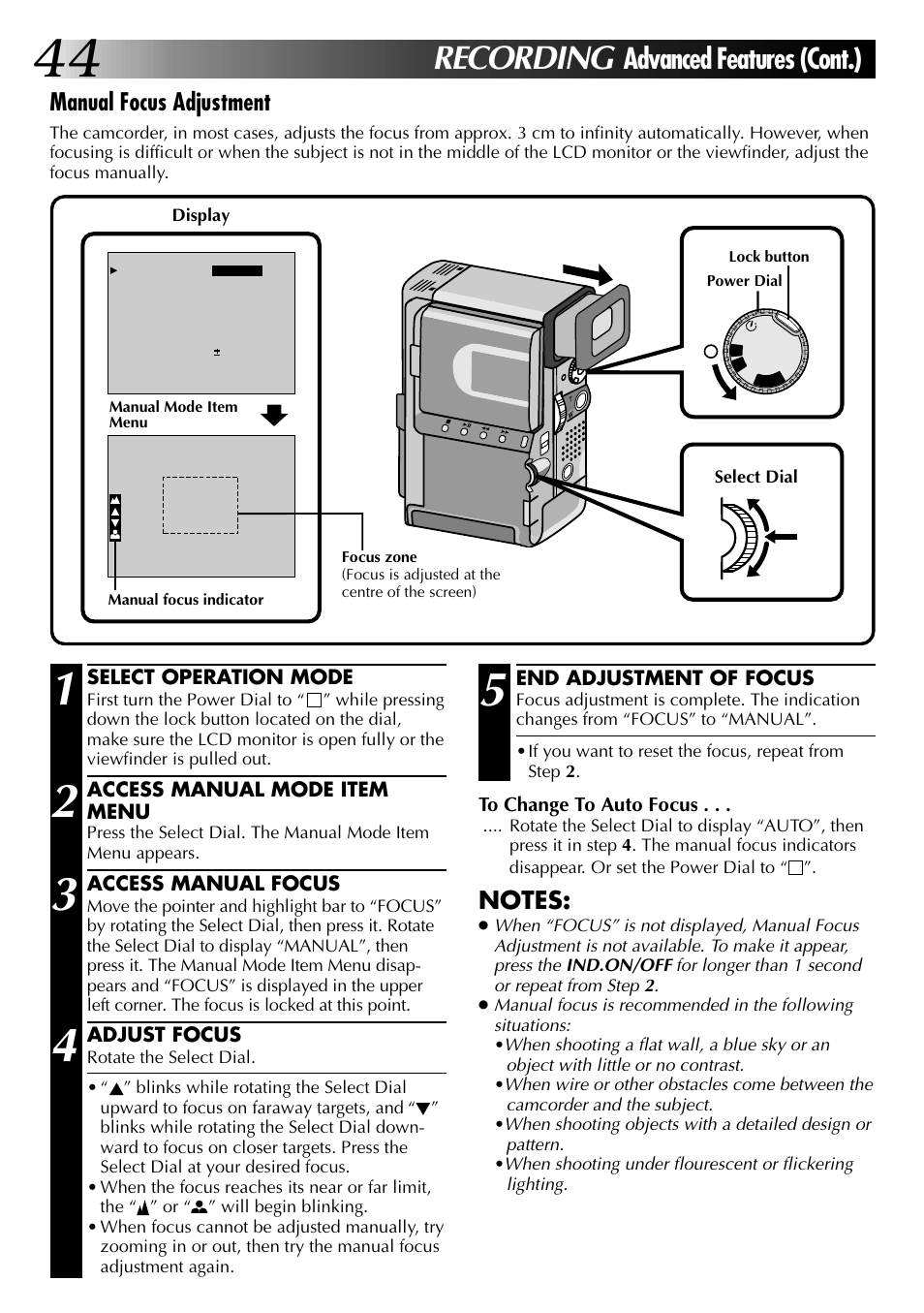 Recording, Advanced features (cont.), Manual focus adjustment | JVC 0997TOV*UN*SN User Manual | Page 44 / 84