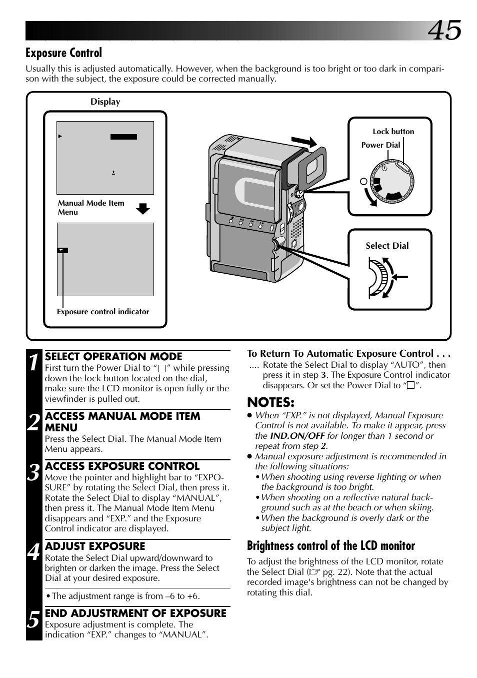 Exposure control, Brightness control of the lcd monitor | JVC 0997TOV*UN*SN User Manual | Page 45 / 84