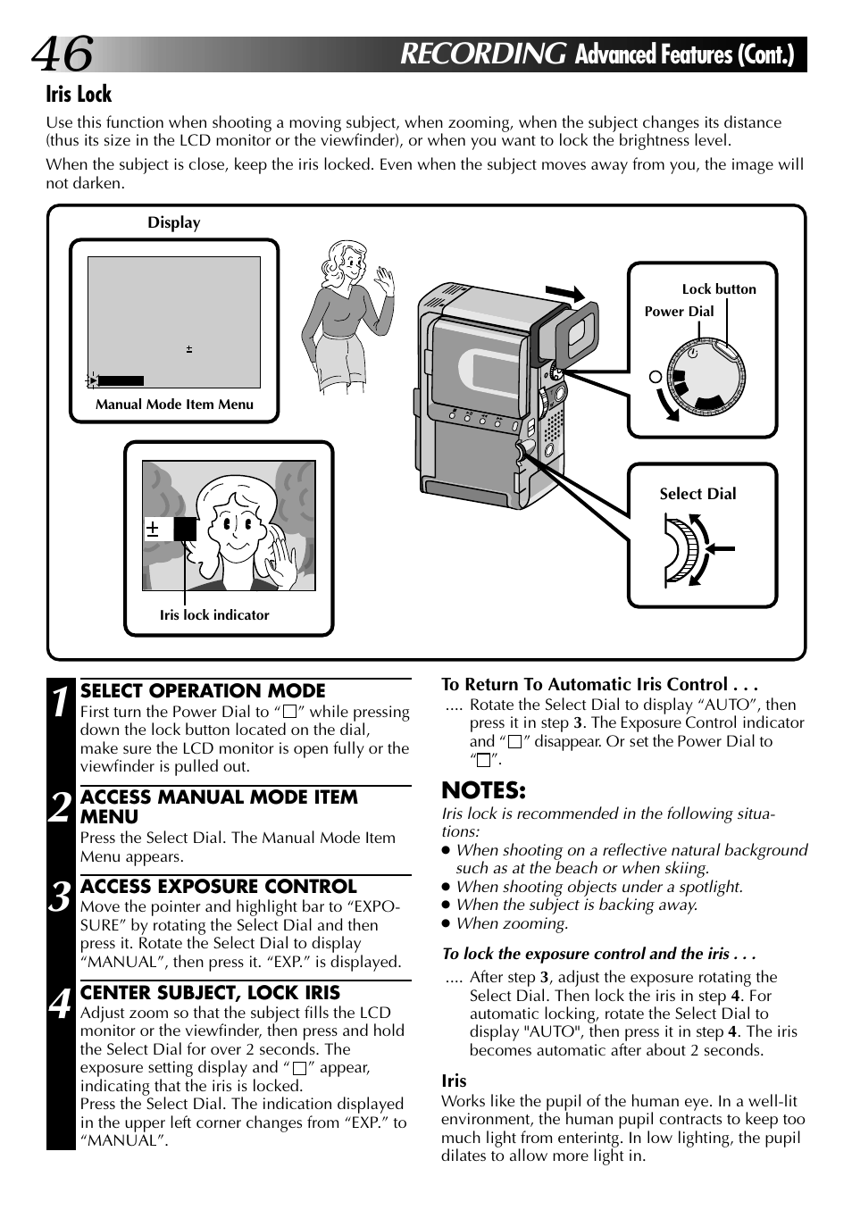 Recording, Advanced features (cont.), Iris lock | JVC 0997TOV*UN*SN User Manual | Page 46 / 84