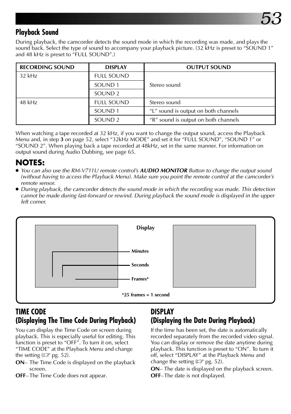 Playback sound, Display (displaying the date during playback) | JVC 0997TOV*UN*SN User Manual | Page 53 / 84