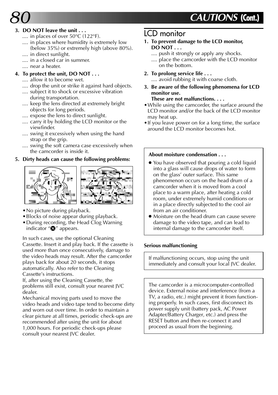 Cautions, Cont.), Lcd monitor | JVC 0997TOV*UN*SN User Manual | Page 80 / 84