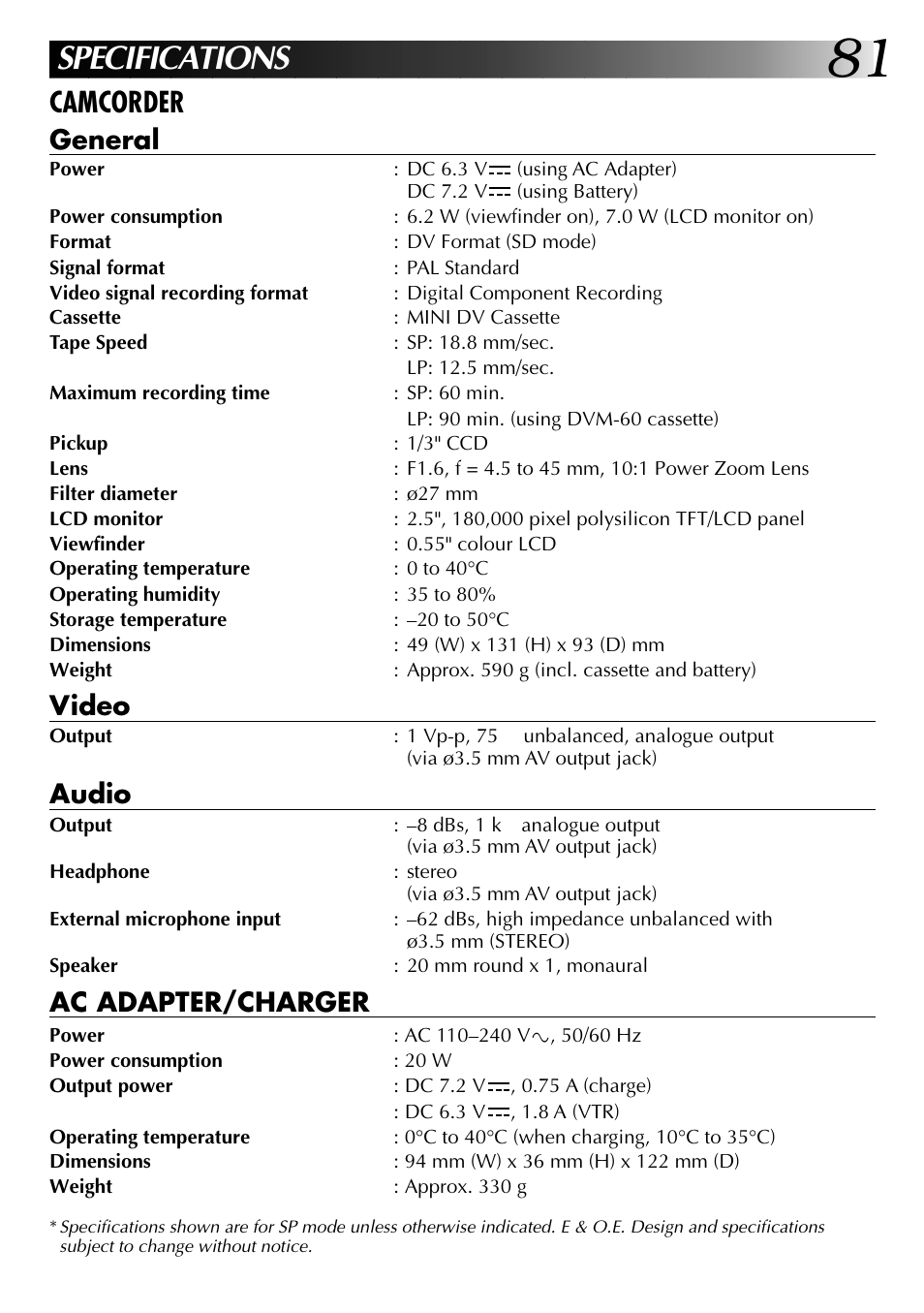 Specifications, Camcorder, General | Video, Audio, Ac adapter/charger | JVC 0997TOV*UN*SN User Manual | Page 81 / 84
