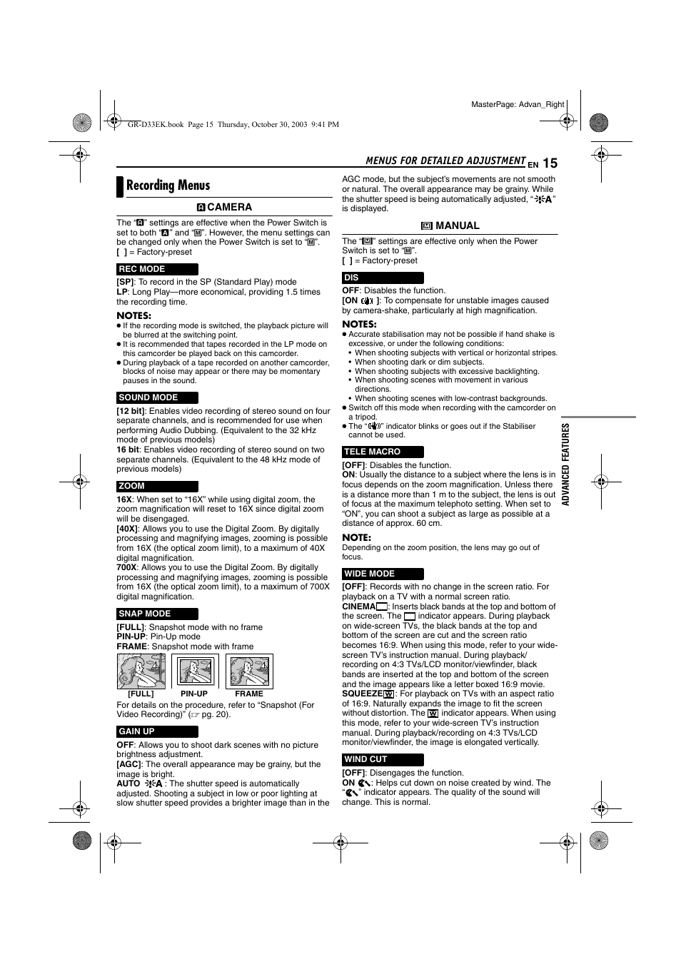 Recording menus, Pg. 15) | JVC Digital Video Camera GR-D24 User Manual | Page 15 / 40